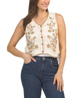LIV LOS ANGELES Crochet Button Front Floral Vest